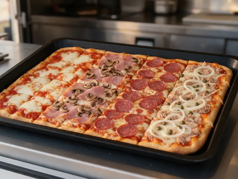 Blechpizza in vier Sorten, in Stücke geschnitten