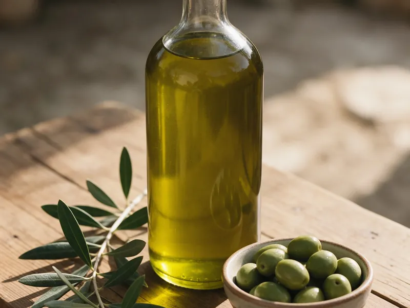 Flasche Olivenöl mit grünen Oliven und einem Olivenzweig auf einem Holztisch