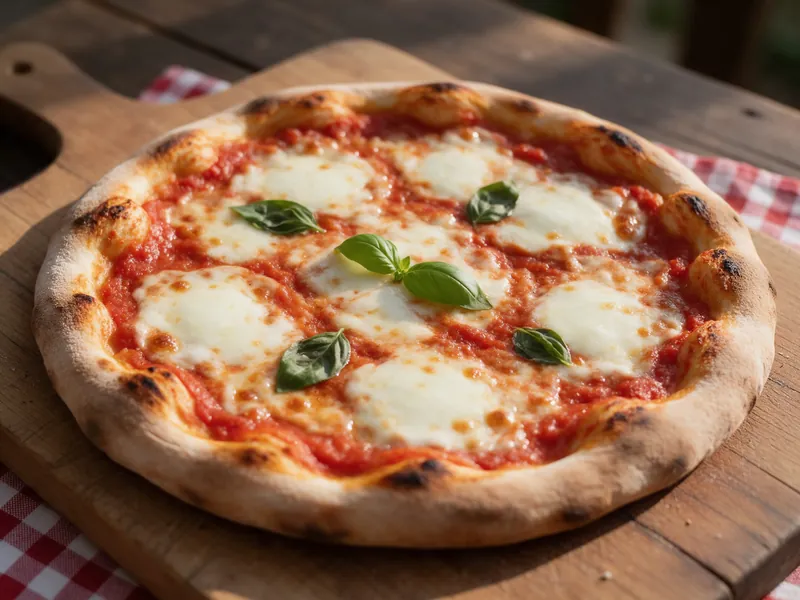 Frisch gebackene Pizza Margherita auf einem Holzbrett