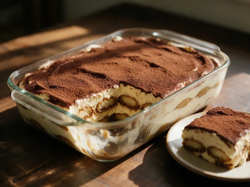 Hausgemachtes Tiramisu in einer Glasform, daneben ein Stück auf einem Teller